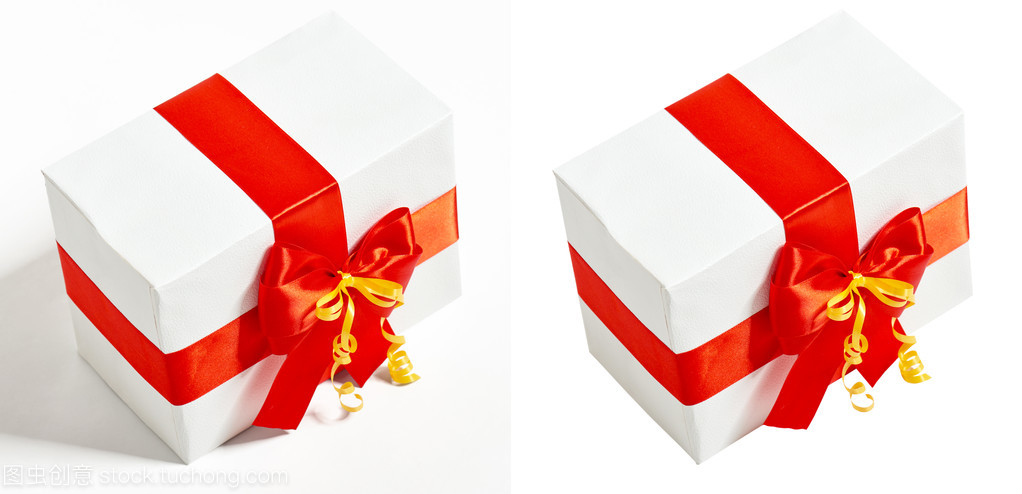 禮品盒裝飾紅絲帶和蝴蝶結,工作室白色背景上的對象